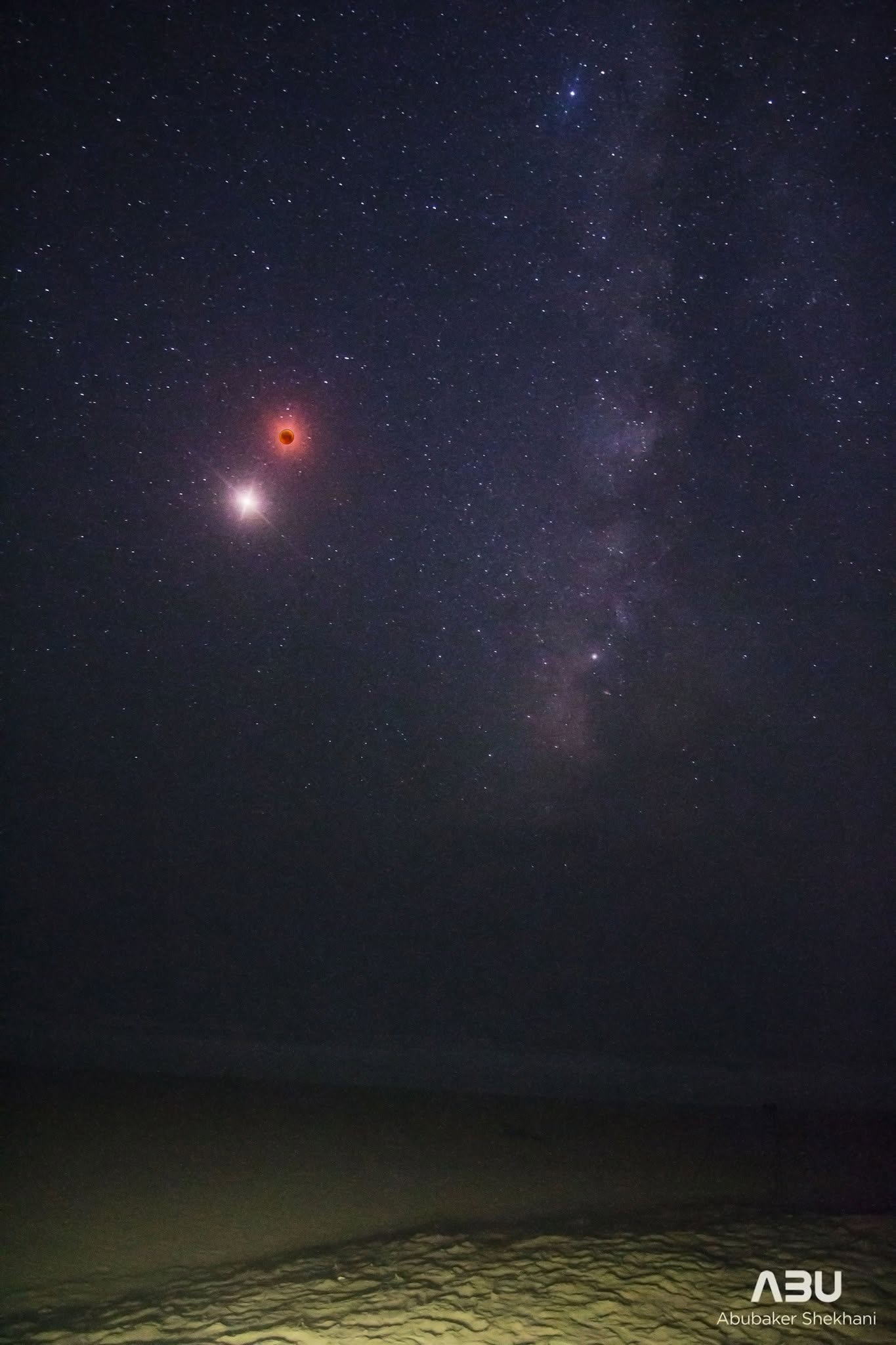 Eclipsed red Moon, bright Mars and the Milky Way above the Balochistan landscape in July 2018
